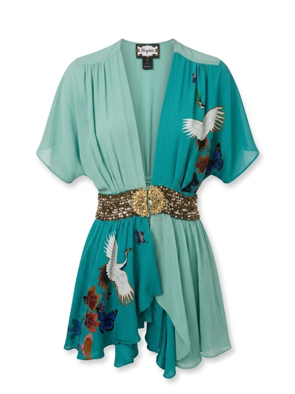 Rare Meghan LA 6 Blue Green Silk y2k Crane Butterfly Print Kimono Boho Sequin
